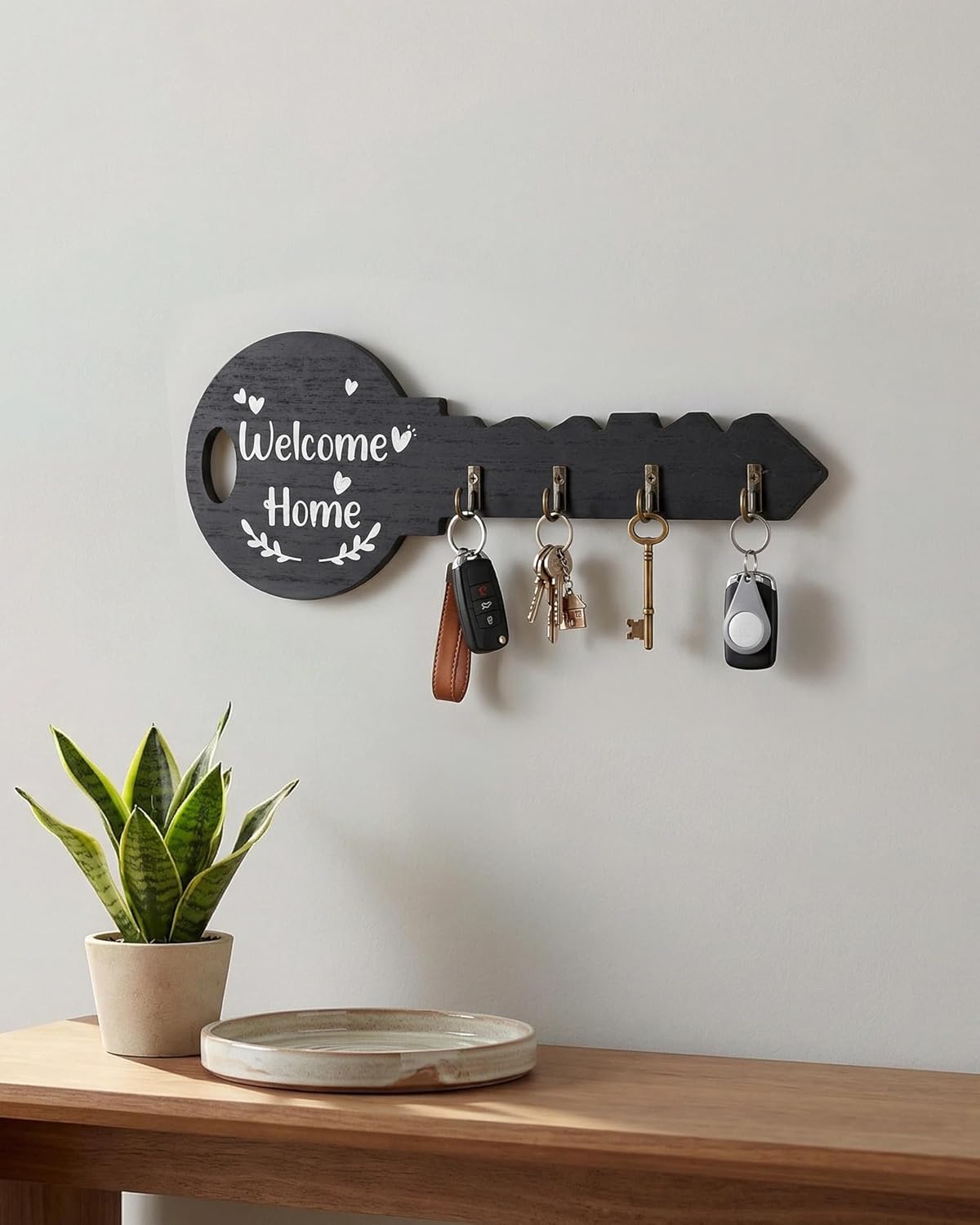 Wooden Key Holder Wall Mount with 4 Hooks, Black Decorative Key Rack Wall Mount for Entryway, Front Door, Hallway, Kitchen, Office, Home Decor (11.61 x 4.72 inch)