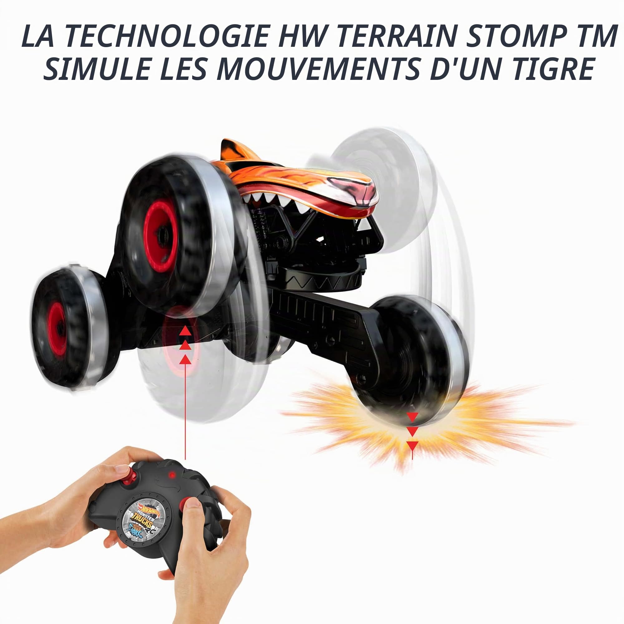 Hot Wheels Monster Trucks Voiture Télecommandé, Requin-Tigre Inarrêtable avec Pneus Tread Attack et Technologie Terrain Stomp, Conduite sur 2 ou 4 Roues, Jouet pour Enfant de 4 Ans et Plus, HGV87