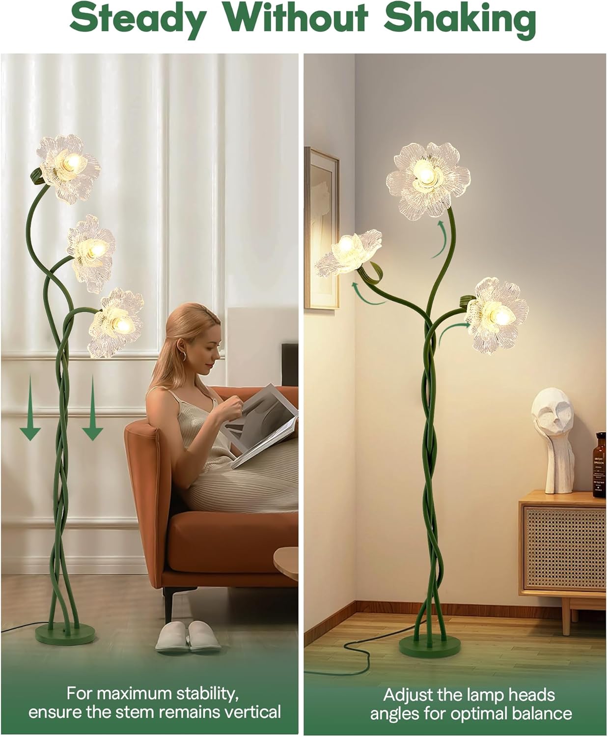 Flower Floor Lamp for Living Room, 3 Light Floor Lamps with Adjustable Gooseneck, Standing Lamp for Bedroom with 3 Color Temperatures, Tall Corner Floor Lamp for Living Room, Bedroom—Green