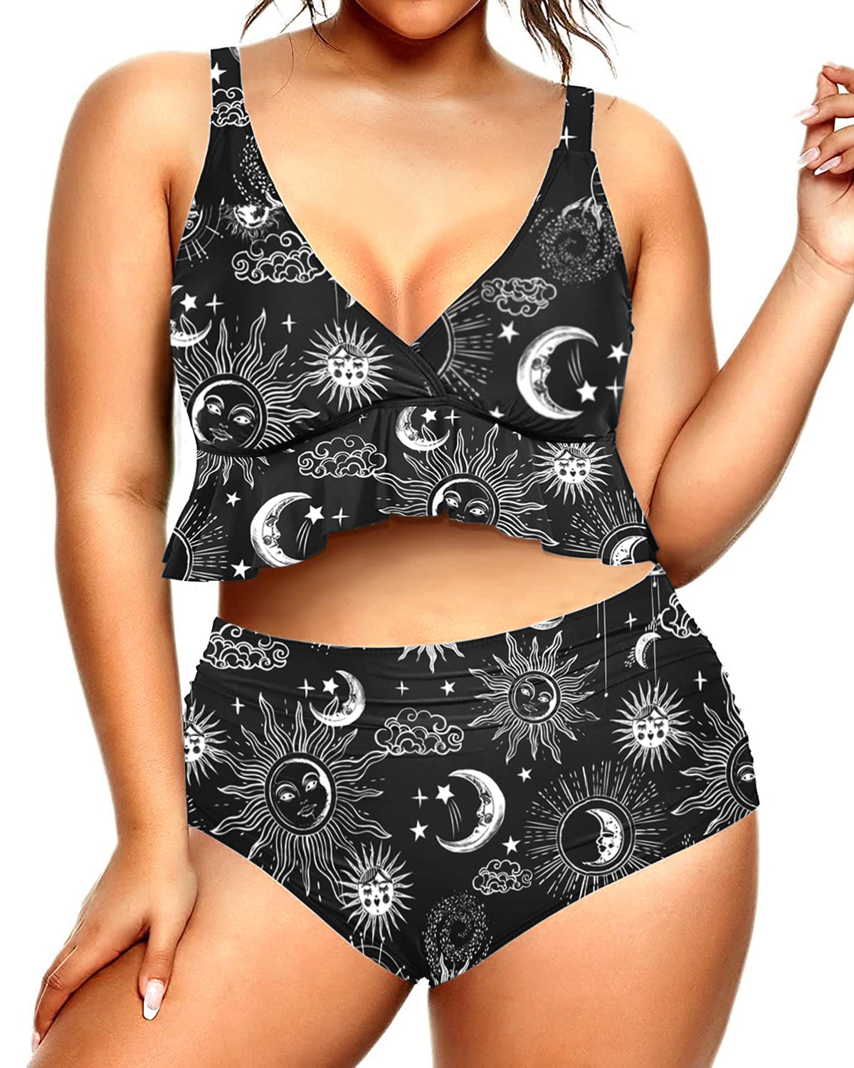 YoniqueWomen Plus Size Two Piece Swimsuits High Waisted Bikini Set Tummy Control Bathing Suits Ruffle Swimwear