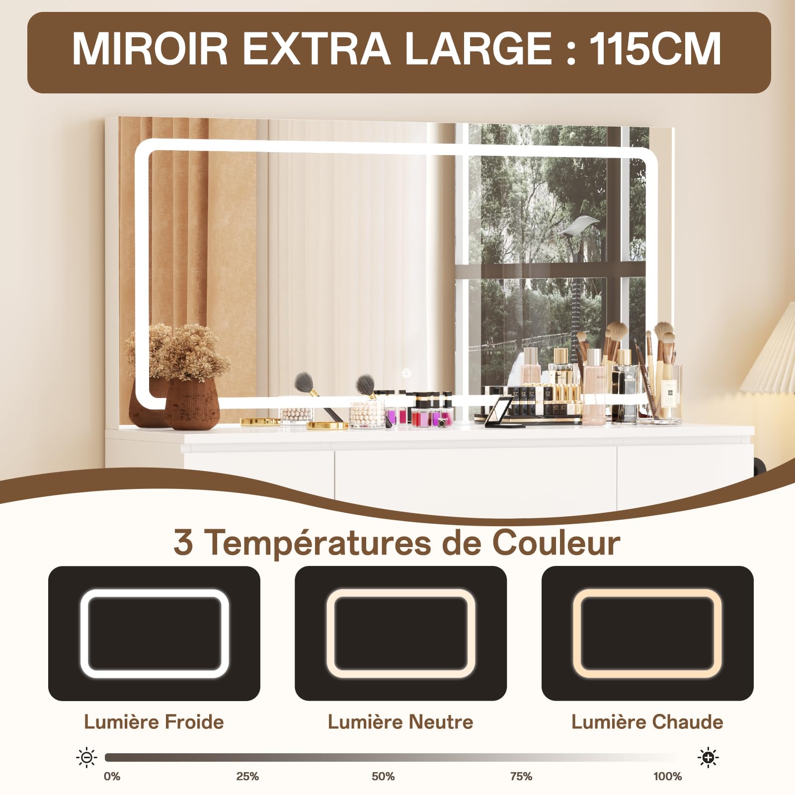 TRIUMPHKEY Coiffeuse avec Grand Miroir LED (115x60cm) et Tabouret Inclus, Table de Maquillage Moderne avec 7 Tiroirs, Station de Recharge et Éclairage Réglable, Meuble de Chambre à Coucher (Blanc)