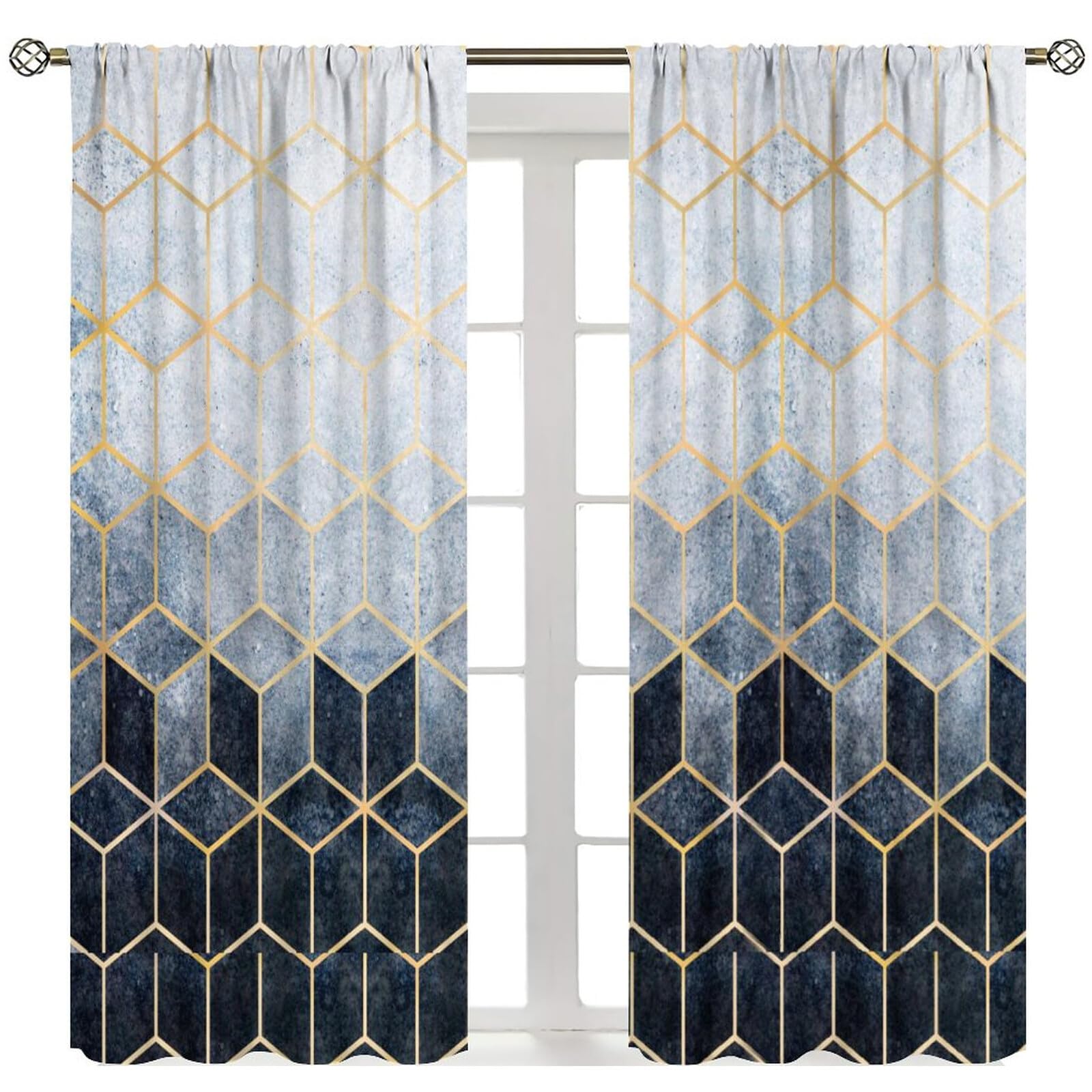 YCness Geometric Marble Curtains, Navy Blue Gold Abstract Geometry Hexagon Pattern Texture Window Treatments for Bedroom Living Room, Navy Ombre