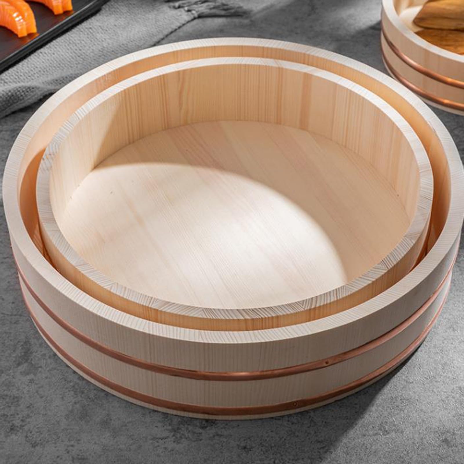Cuenco de arroz de madera con borde dorado de 60 x 16 cm, elegante cuenco de mezcla de arroz para el hogar y el restaurante, cuenco de enfriamiento ideal para platos de sushi y arroz