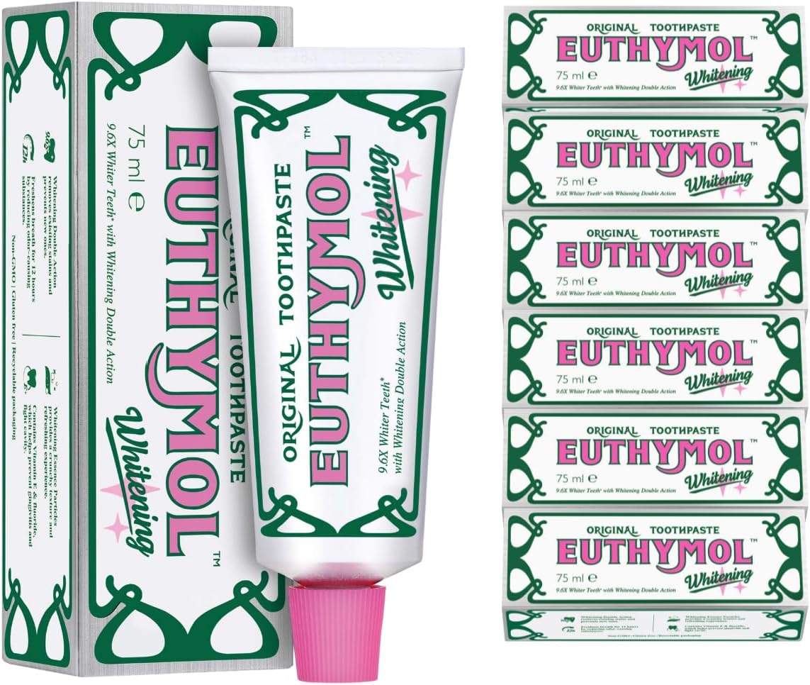 Euthymol Whitening Toothpaste 75 ml x 6, Toothpaste GMO Free Gluten Free Vitamin E, Plaque Removal, Antibacterial Toothpaste, White Clean Healthy Teeth, Refreshes Dental Care, Cleanliness Gums