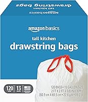 Amazon Basics 13 Gallon Tall Kitchen Drawstring Trash Bags, Unscented Tear-Resistant, Sturdy 0.9 Mil, 120 Count
