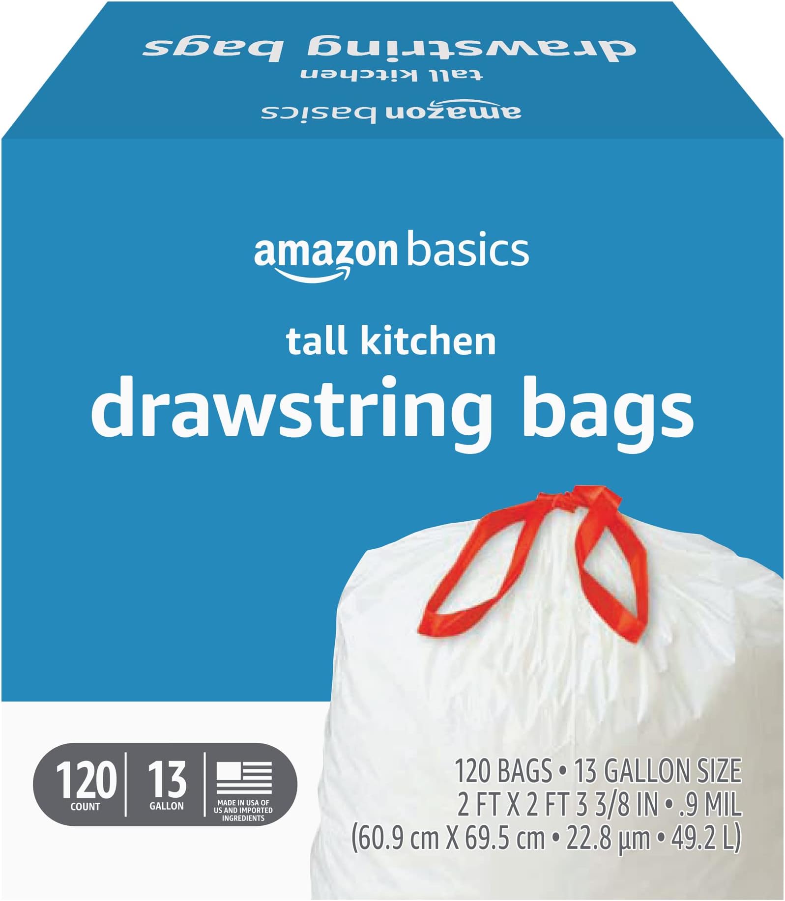 Amazon Basics Tall Kitchen Drawstring Trash Bags, Sturdy and Tear Resistant, 13 Gallon, Unscented, 120 Count