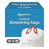 Amazon Basics Tall Kitchen Drawstring Trash Bags, Sturdy and Tear Resistant, 13 Gallon, Unscented, 120 Count Unscented 120 Count (Pack of 1)