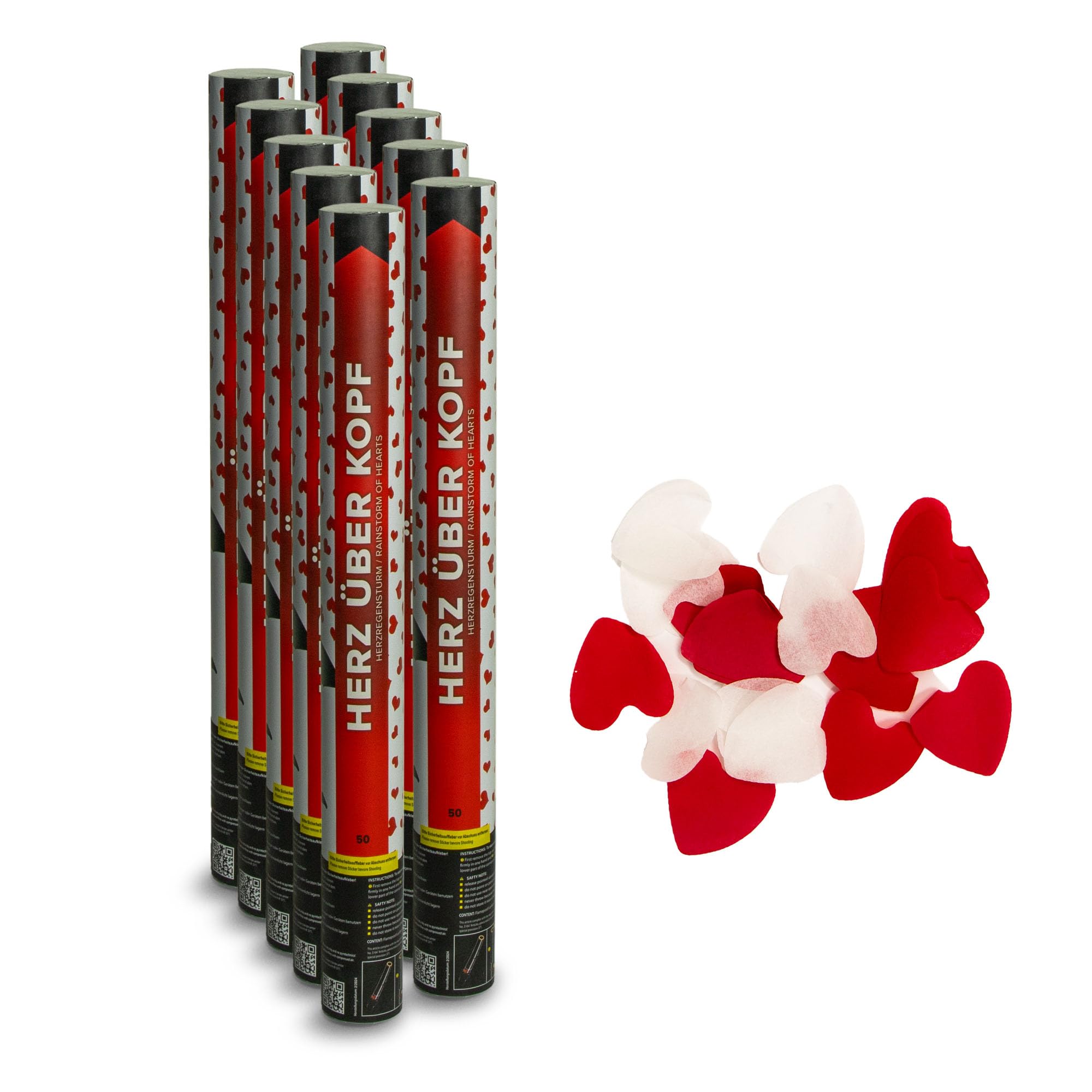 Pyroland 10 Stück Konfettikanone Herz über Kopf 50 cm, weiße rote pinke Herzen, Party Popper für Hochzeit, Valentinstag und Geburtstag