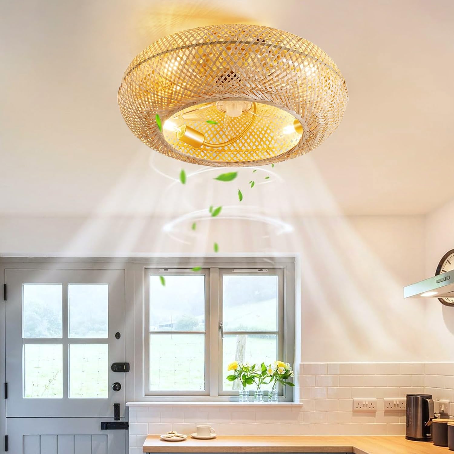 Deckenventilator mit Beleuchtung, Leise E27 Retro Bambus Deckenlampe Mit Ventilator, 50cm Käfigbeleuchtung, 6 Geschwindigkeiten Reversibler Deckenventilatoren für Wohnzimmer Schlafzimmer Esszimmer