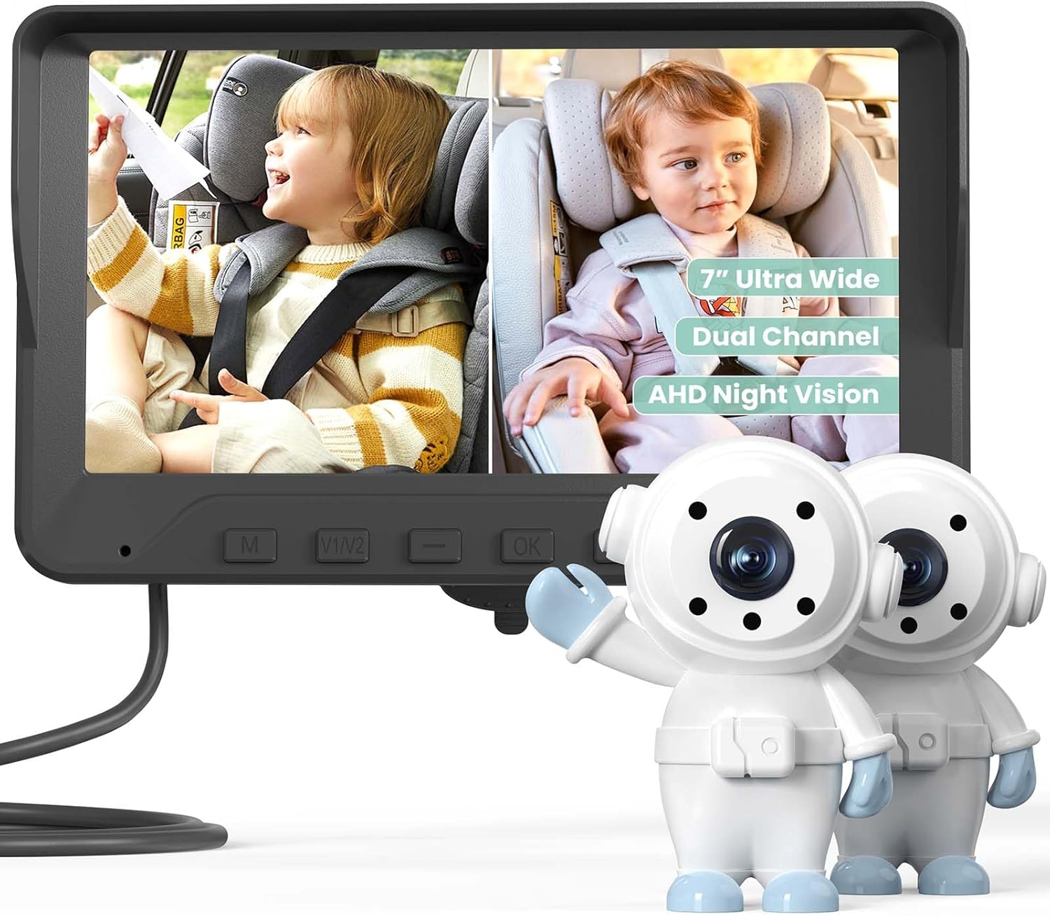 GROWNSY Baby Car Camera for 2 Kids, 7 in Ultrawide AHD Car Baby Monitor with 2 Camera, Backseat Mirror for Baby Rear Facing with Infrared Night Vision, Easily Observe Baby's Every Move White