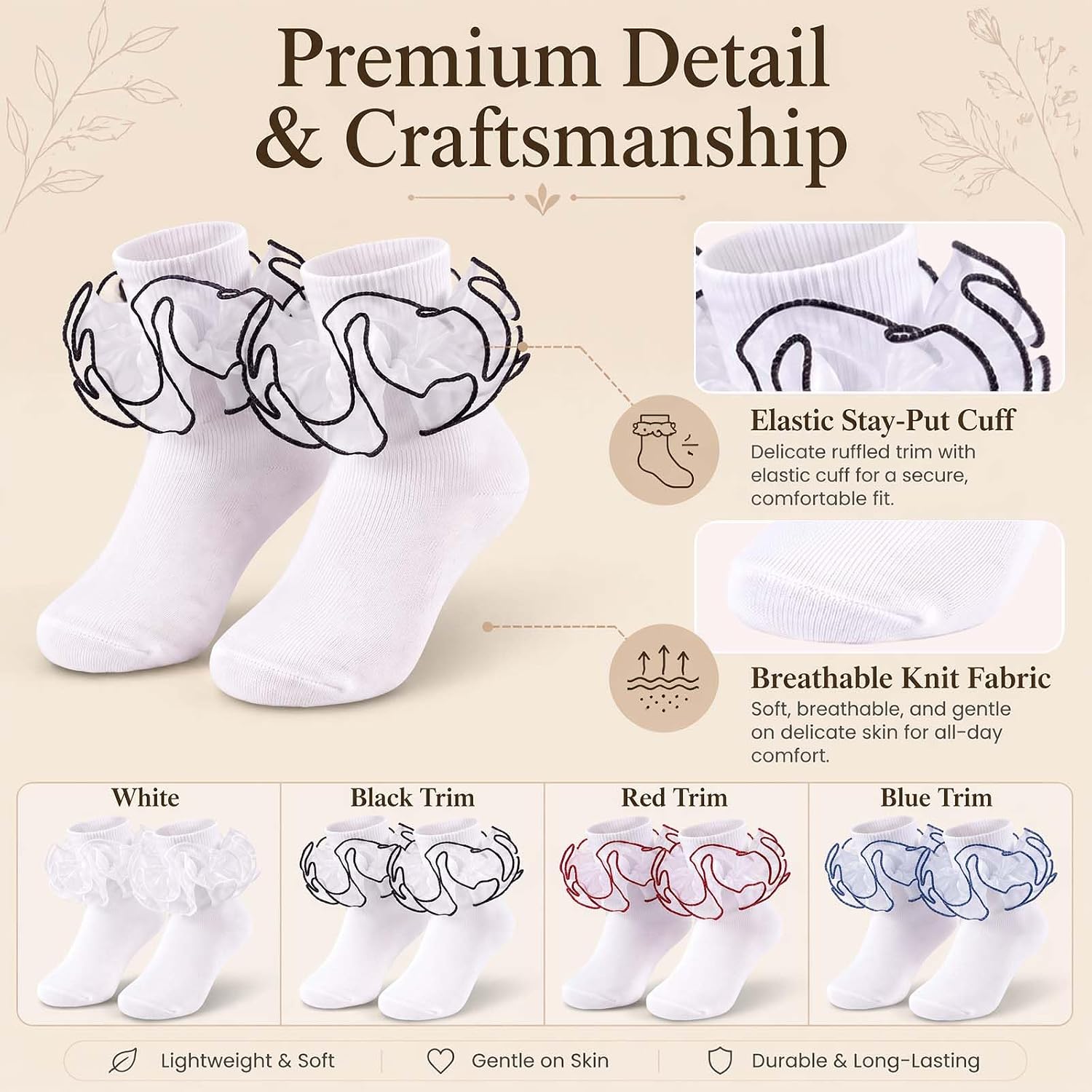 4 Pairs Women Big Ruffle Socks, Double Lace Turn Cuff Frilly Ankle Socks,Cotton Dress Bobby Sock for Women