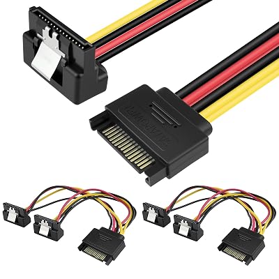 SDTC Tech 15 Pin SATA Power Splitter Adapter Cable Male to Dual Female 90-Degree Angle with Locking Latch Power Extension Cable (Copper/20cm Length) - 2 Pack