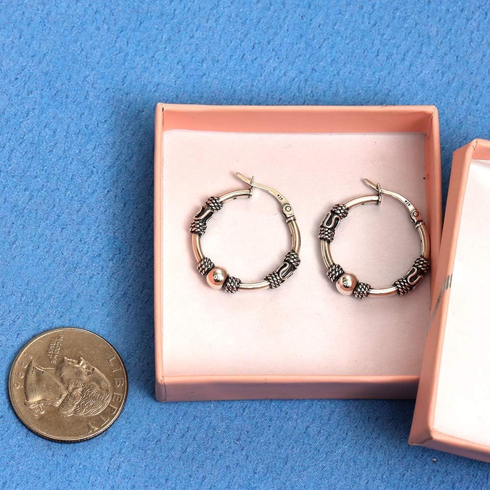 LeCalla 925 Sterling Silver Bali Hoop Earrings for Women | Antique Balinese Beaded Hoop Earrings | Balinese Rope Pattern Click-Top Hoops Earring | Two-Tone Bohemian Tribal Bali Hoop Earrings - Image 4