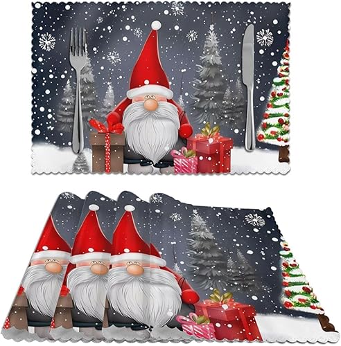 Juego de 4 manteles individuales de gnomo de Navidad con copos de nieve, antideslizantes, resistentes al calor, lavables, para cocina, comedor,