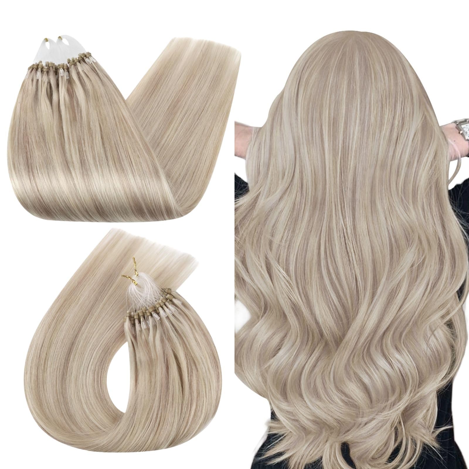 Ugeat Extensions Echthaar Micro Ring AschBlond Highlights 55 cm Microring Loop Extensions Echthaar Platinblond Remy Glatt Haare für Frauen 50g 50 Strähnen 18/613