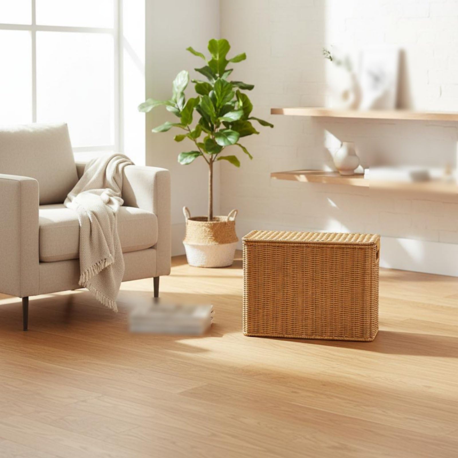 perfk Cesta Organizadora Tejida con Tapa Protectora y Estructura Resistente de Hierro Diseño Decorativo Trenzado de Ratán Asas Prácticas Adecuada para Dormitorio Baño Sala de Estar, L