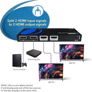OREI 8K HDMI Splitter 2 in 2 Out, Resolutions Up to 4K@120Hz, Dolby Vision Pass-Through, HDCP 2.3, Auto EDID Management, Does NOT Extend Display - (BK-22) | OREI 8K HDMI Splitter 2 in 2 Out With Dolby Vision Pass-Through, HDCP 2.3, Auto EDID Management