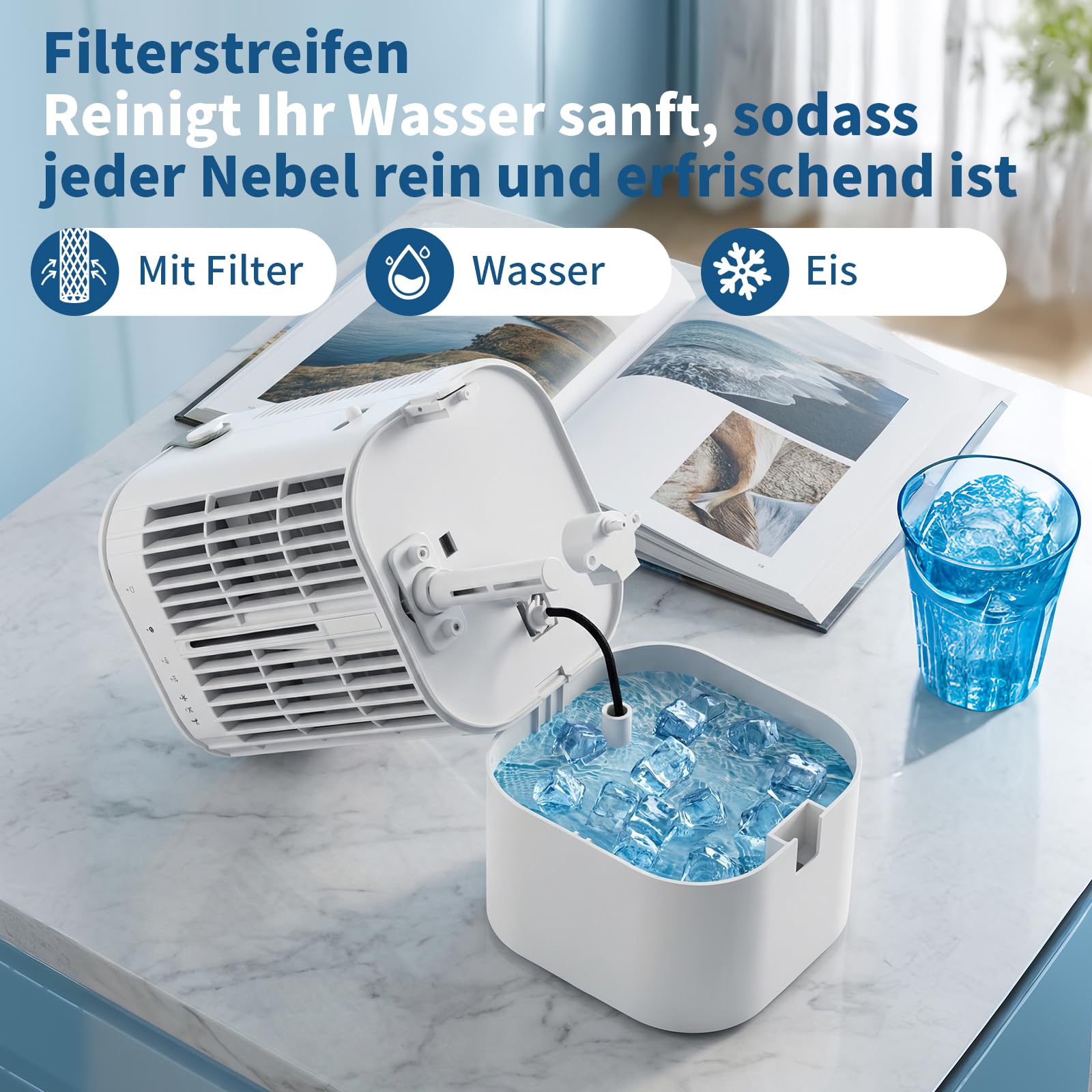 Mobile Klimaanlage, 120° Oszillation klimaanlage mobil, USB 4 in 1 klimaanlage ohne abluftschlauch mit 2/4 H Timer, 3 Geschwindigkeiten & 3 Nebelmodi, 7 Farben Mini Klimaanlage für Hause, Büro