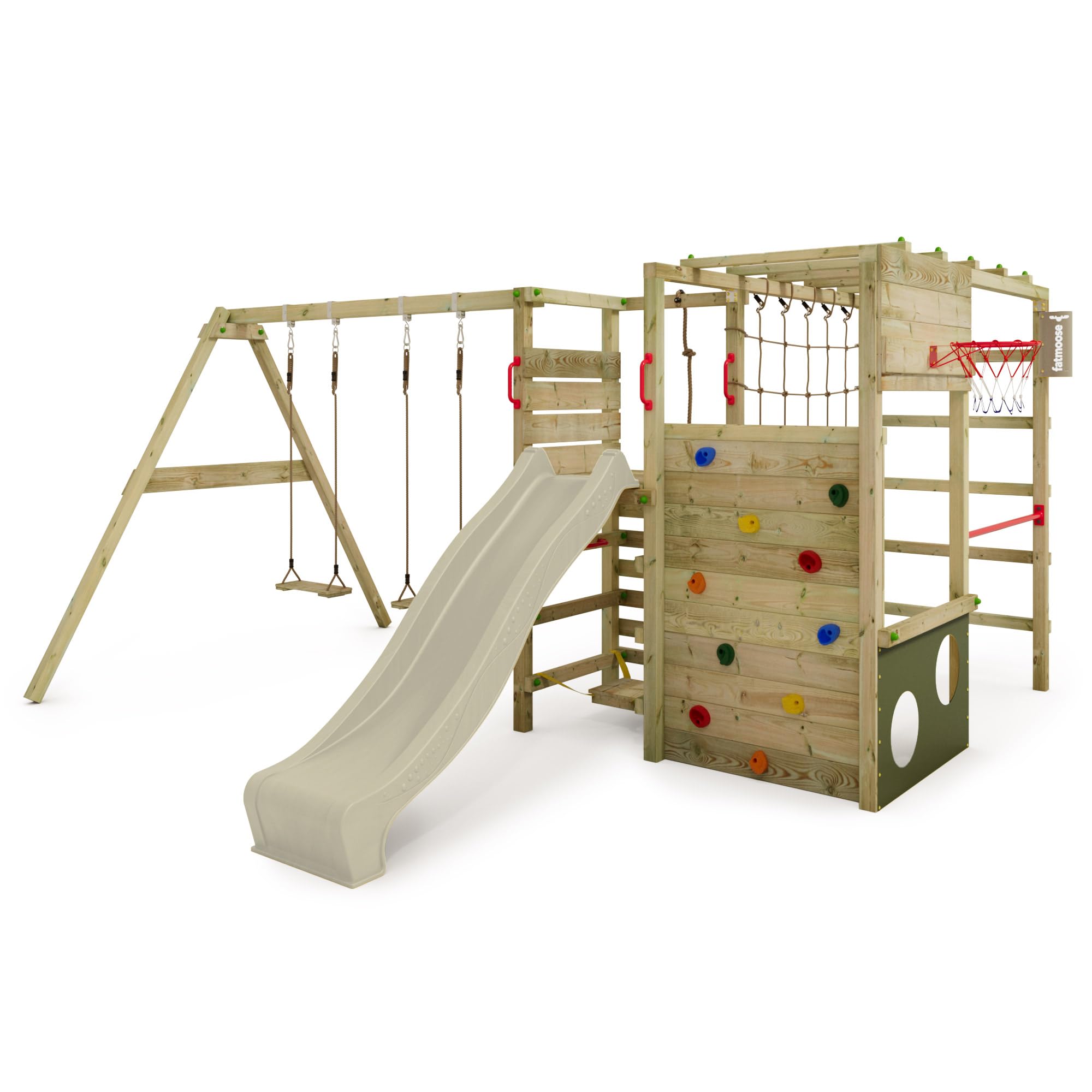 FATMOOSE Aire de Jeux ActionArena Air XXL portique en Bois avec balançoire et Toboggan, Tour d'escalade pour Enfants avec bac à Sable, échelle et Accessoires de Jeu pour Le Jardin. (Vert Sauge)