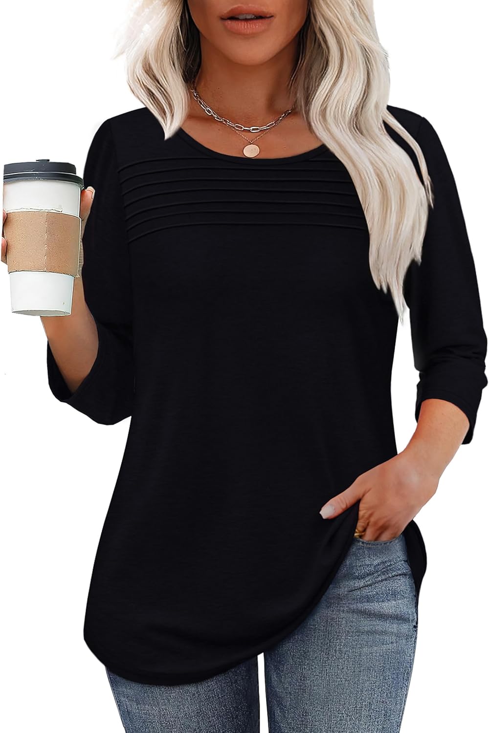 OFEEFAN Womens Tops 3/4 Length Sleeve Blouses Dressy Casual Spring Summer Fall Outfits Pleated Front T Shirts Curved Hem - Image 2