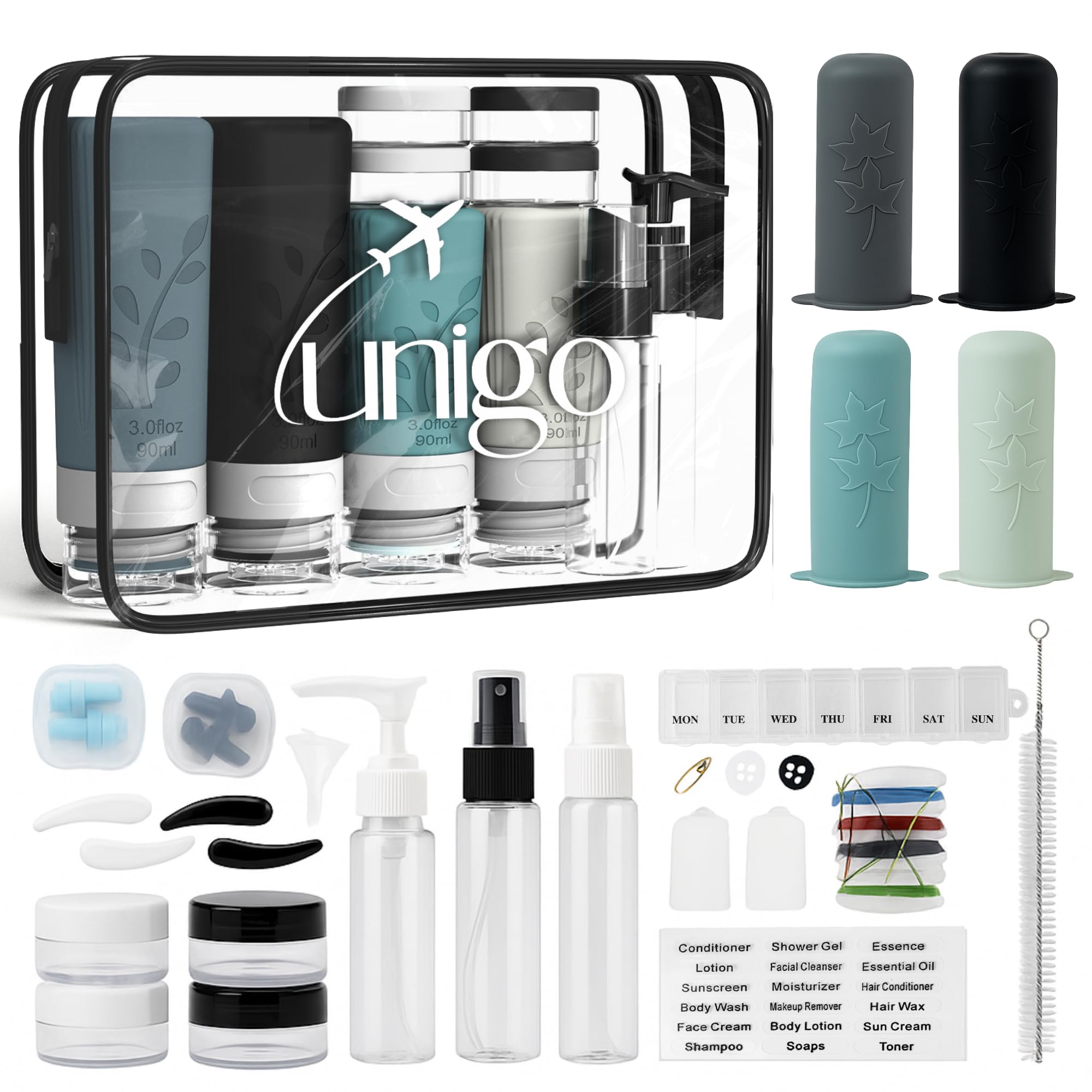 unigo 30pack Full Set TSA Approved Travel Bottles for toiletries Travel Size Containers for Toiletries Refillable Leakproof Shampoo