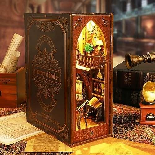 Miniatura 5 de Kit de rincón de libros para adultos, kit de casa en miniatura de madera, rompecabezas 3D para adultos, inserto creativo de rincón de libro para