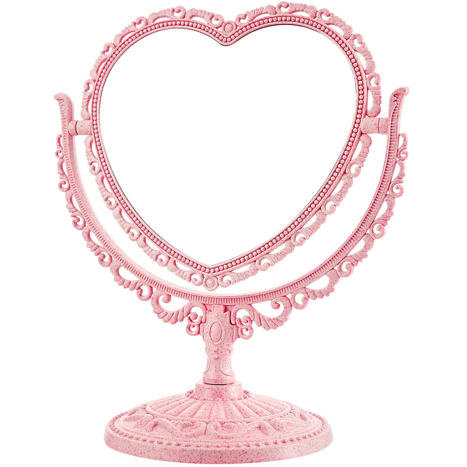 Niltracy Pink Heart Shaped Makeup Mirror Tabletop Vanity Mirror Double Sided Magnifying Makeup Mirror With 360 Degree Rotation Vintage Bedroom Vanity Mirror (Pink)