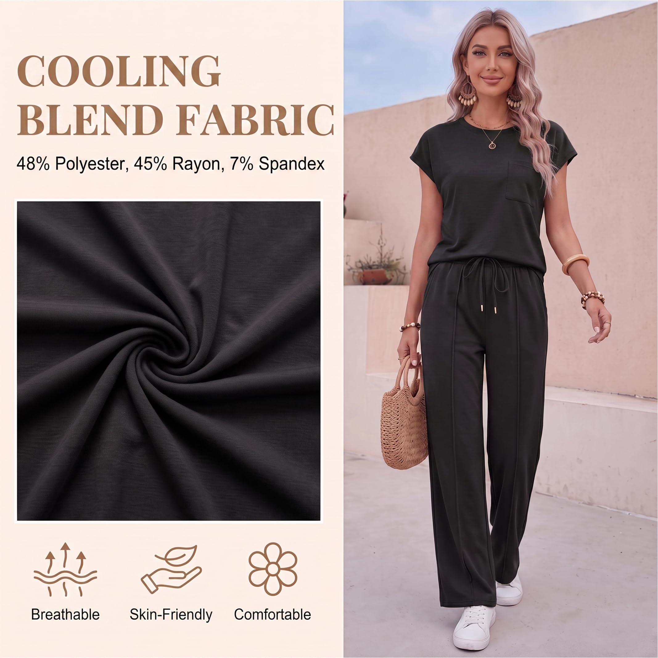 Conjunto de 2 piezas para mujer, conjunto de verano para mujer, manga casquillo, cuello redondo, pantalones de pierna ancha con bolsillos, chándal completo, conjuntos de ropa de descanso