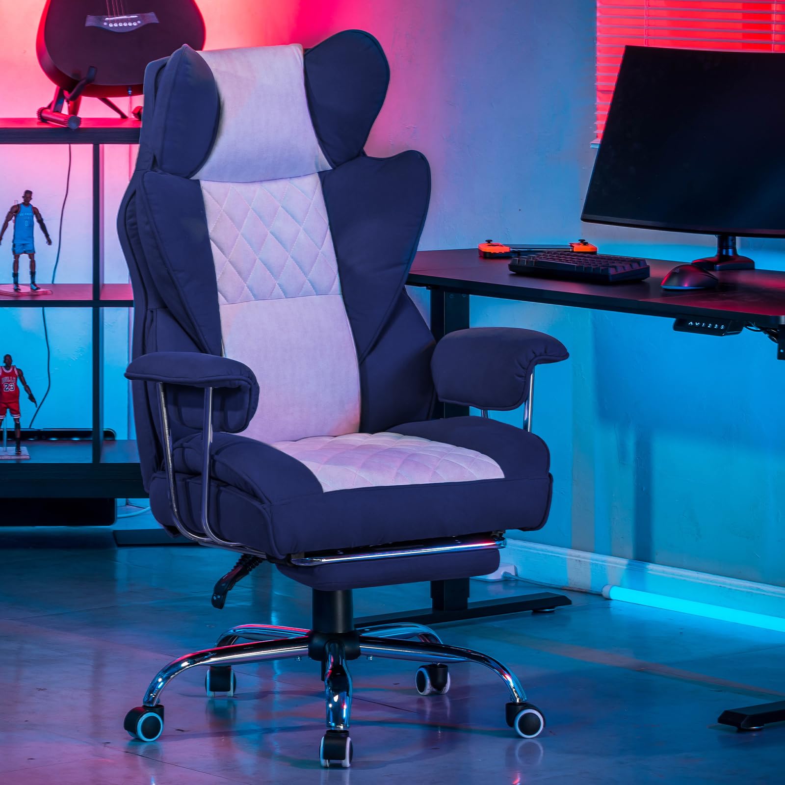 GTPLAYER Chaise Gaming, Chaise Gamer, siège Large accoudoirs, Repose-Pieds, Hauteur réglable, Supporte 150 kg, Bleu-Blanc