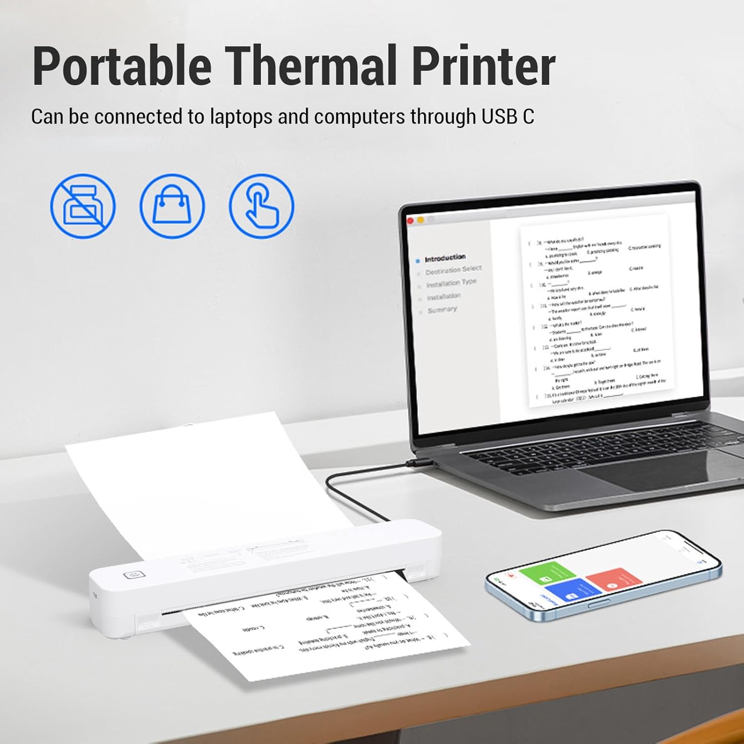 Walfront Inkless Portable Printer for Travel Wireless Thermal Label Printer Compatible with Wins iOS Android OS X No Ink for 8.5inx11in Letterhead A4 A5