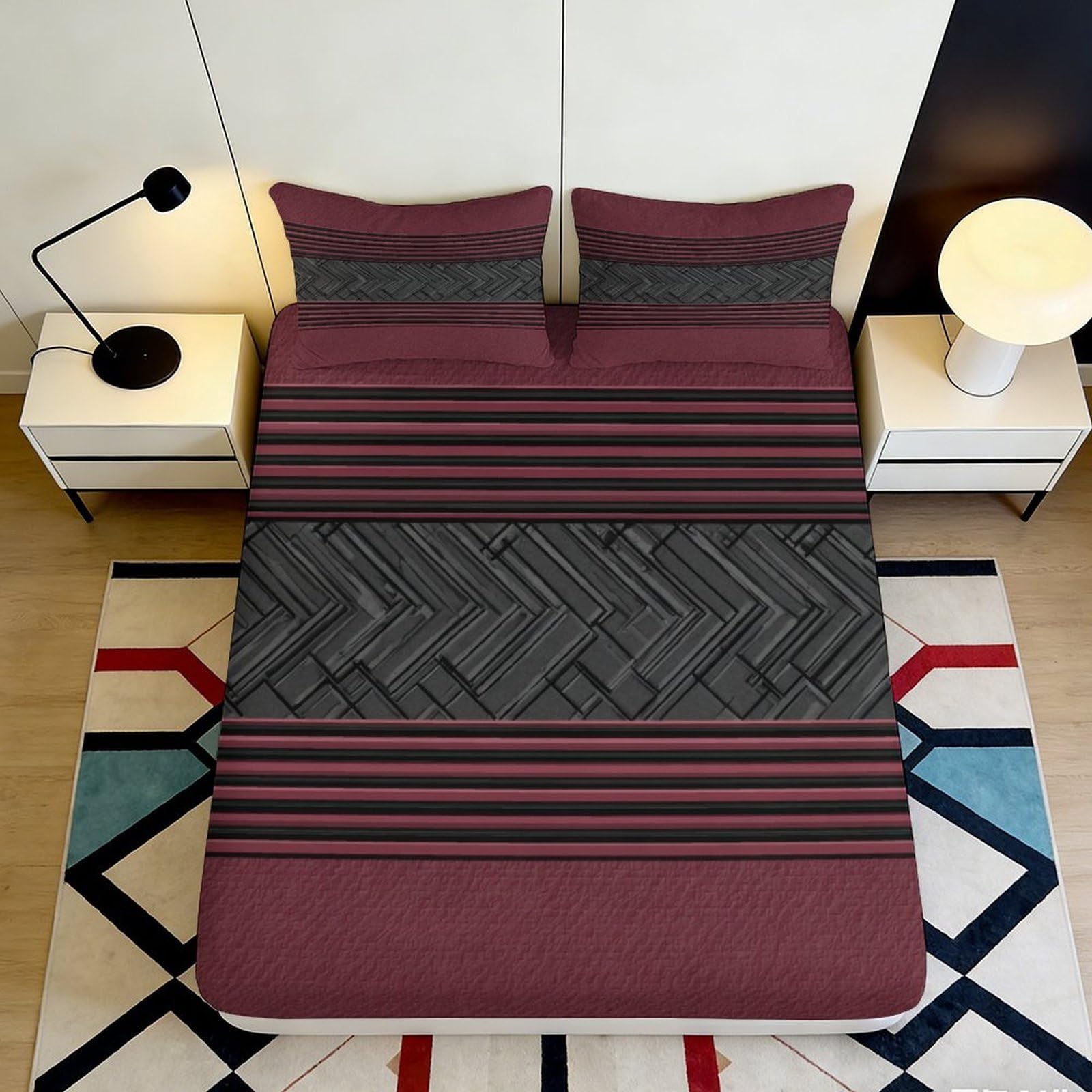 Pnayamiorkfel Style-7 3D Printed Geometric Chevron Fitted Sheet Microfiber Maroon Black Stripe Mattress Cover For Bedroom Dorm Decor 90X200x25cm
