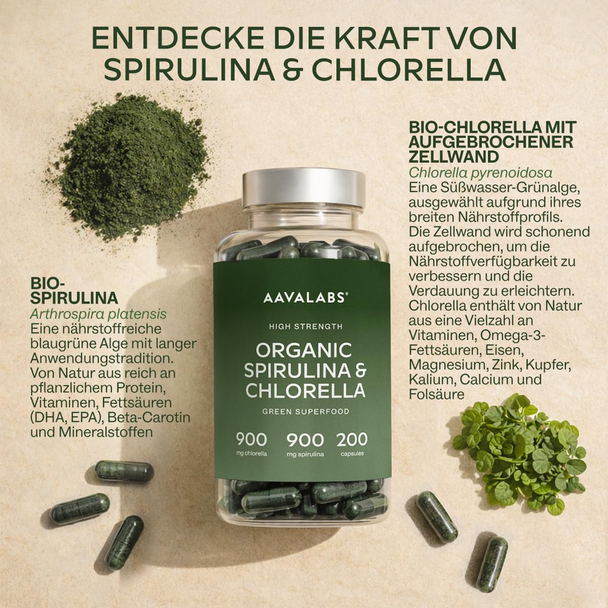 Bio Spirulina Chlorella Algen Kapseln [1800mg pro Dosis] - 200 Spirulina Pulver und Chlorella Pulver Kapseln Hochdosiert, 100% Vegan und Glutenfrei