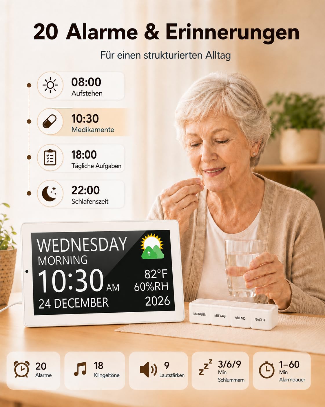 Roxicosly 10.1' Digitaler Kalender, Digital Uhr mit 20 Alarmen & Erinnerungen, 12 Themen, 12/24HTemperatur & Luftfeuchtigkeit, Dimmbar & 6 Sprachen, DST, USB & SD, Wecker Digital für Senioren