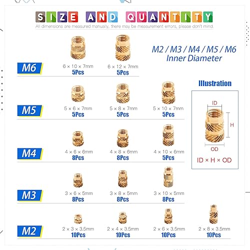 Miniatura 2 de Glarks 110 Uds. M2 M3 M4 M5 M6 Rosca hembra Tuercas moleteadas Latón Roscado Inserto Kit Surtido de tuercas para impresora 3D