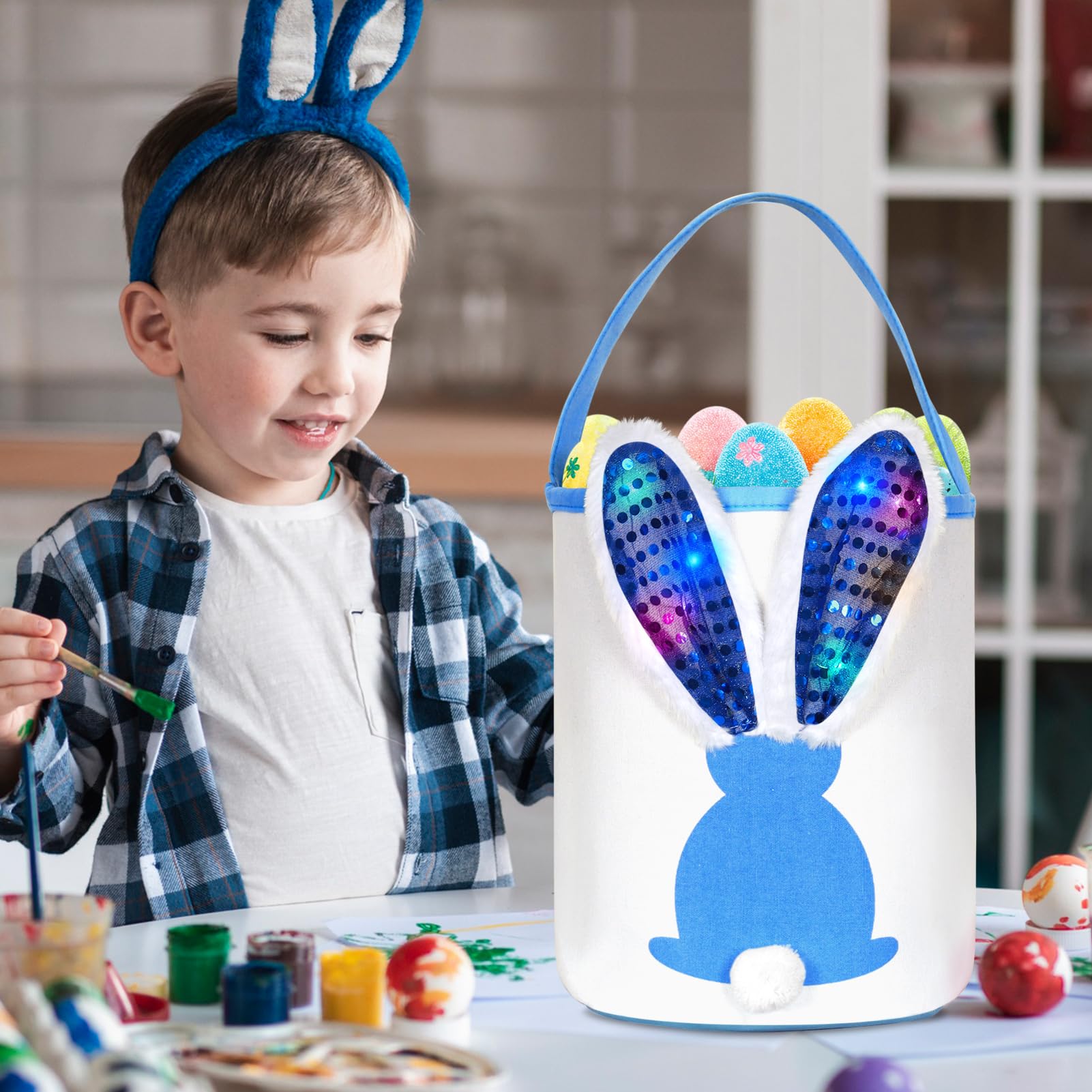 Cestino Pasquale Illuminato Per Bambini: Grande Secchiello Con Orecchie Di Coniglio A Luci, Per Caccia Alle Uova - 4