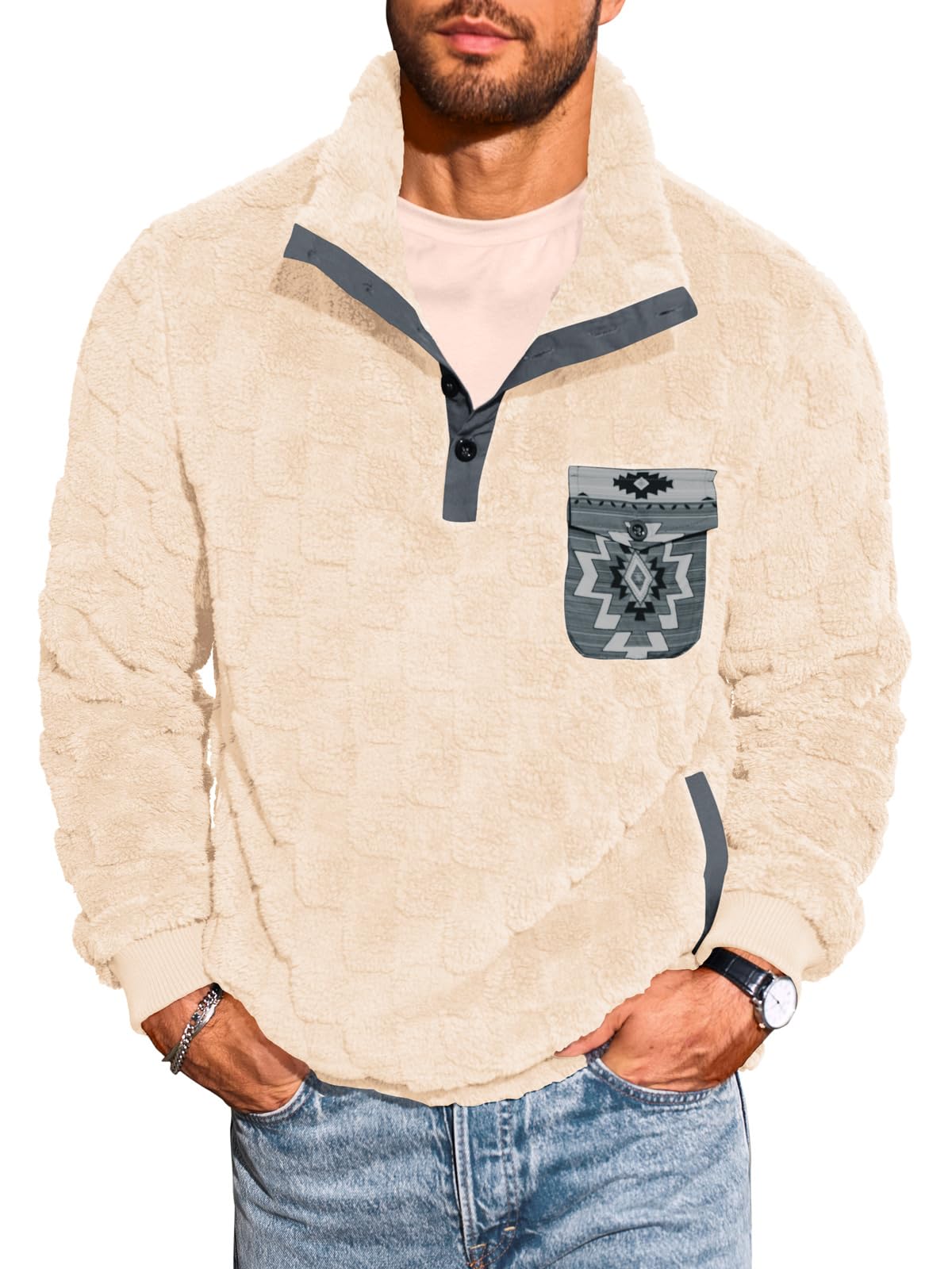 Yousify Mens Fuzzy Sherpa Sweatshirt Flannel Fleece Pullover Jacket Casual Quarter Button Aztec Coat Western Sweaters