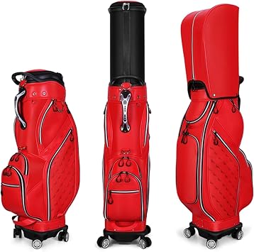Mens and Womens Outdoor Golf Cart Bag Waterproof Golf Rack Bag 4 Wheel Portable Microfiber Leather Travel Golf Club Bag, Red