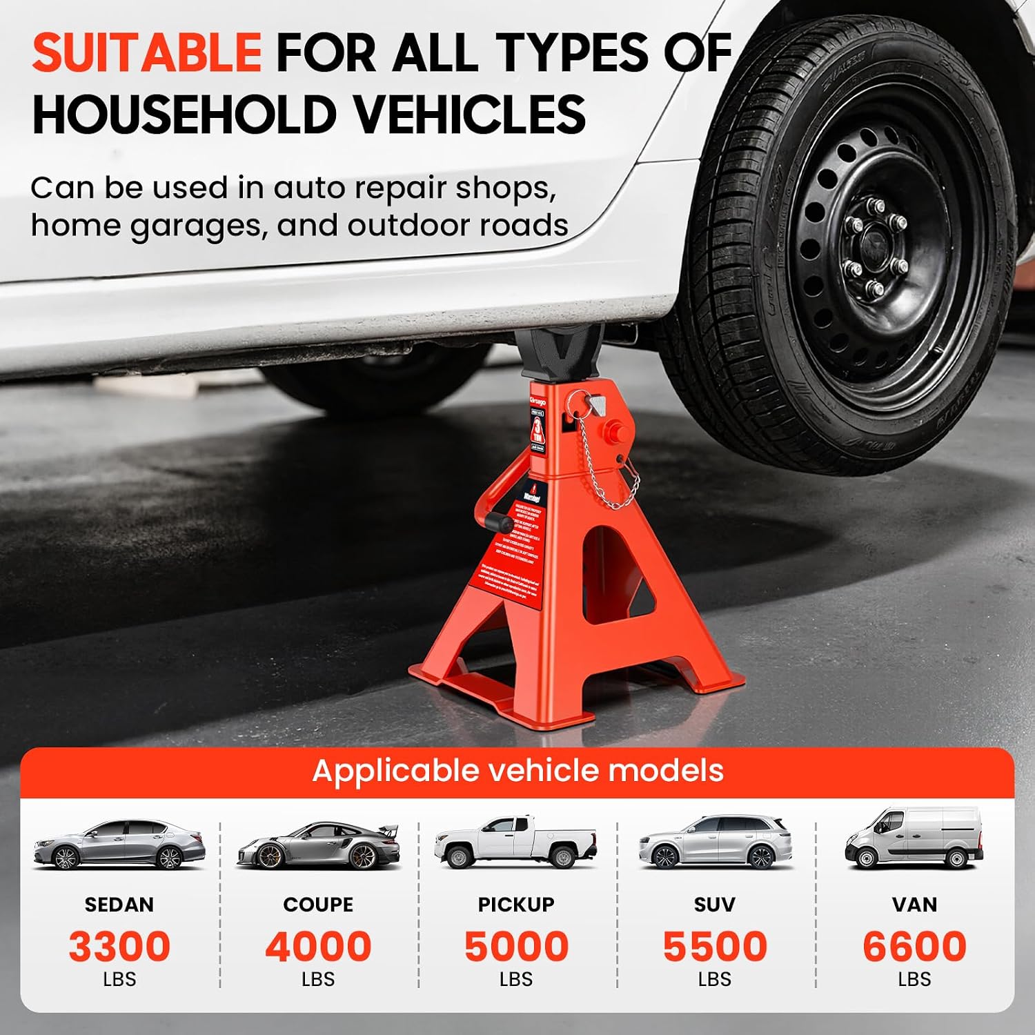 Jack Stands 3 Ton - Heavy Duty Vehicle Support with Dual Locking System, 11-16.1 inch Adjustable Height, High-Strength Steel Material and Large Base for Car & SUV, Orange-Red, 1 Pair