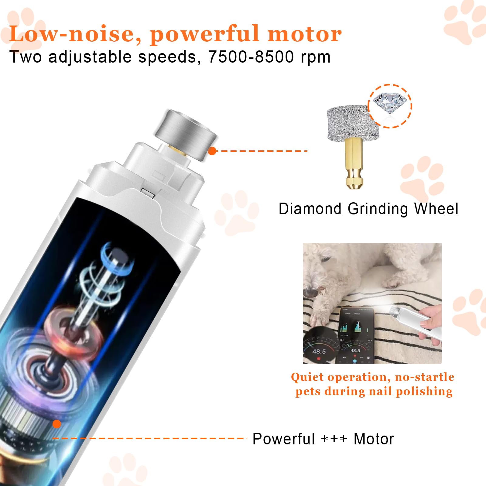 Dog Nail Grinders, Electric Rechargeable Pet Nail Trimmer Low Noise with LED Light 2-Speed Mode for Large Medium Small Dogs & Cats - image 6