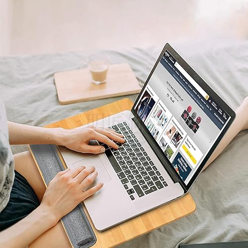 Miniatura 2 de Escritorio de regazo para laptop con cojín, soporte de bambú para laptop con tira antideslizante, soporte para tableta y teléfono, se adapta a