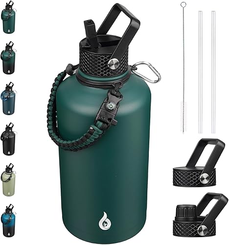 Miniatura 42 de BJPKPK Botella de agua de 1 galón aislada con tapa con pajita, 50oz, 64oz, 87oz, 128oz grande, botellas de agua de acero inoxidable con 3 tapas y