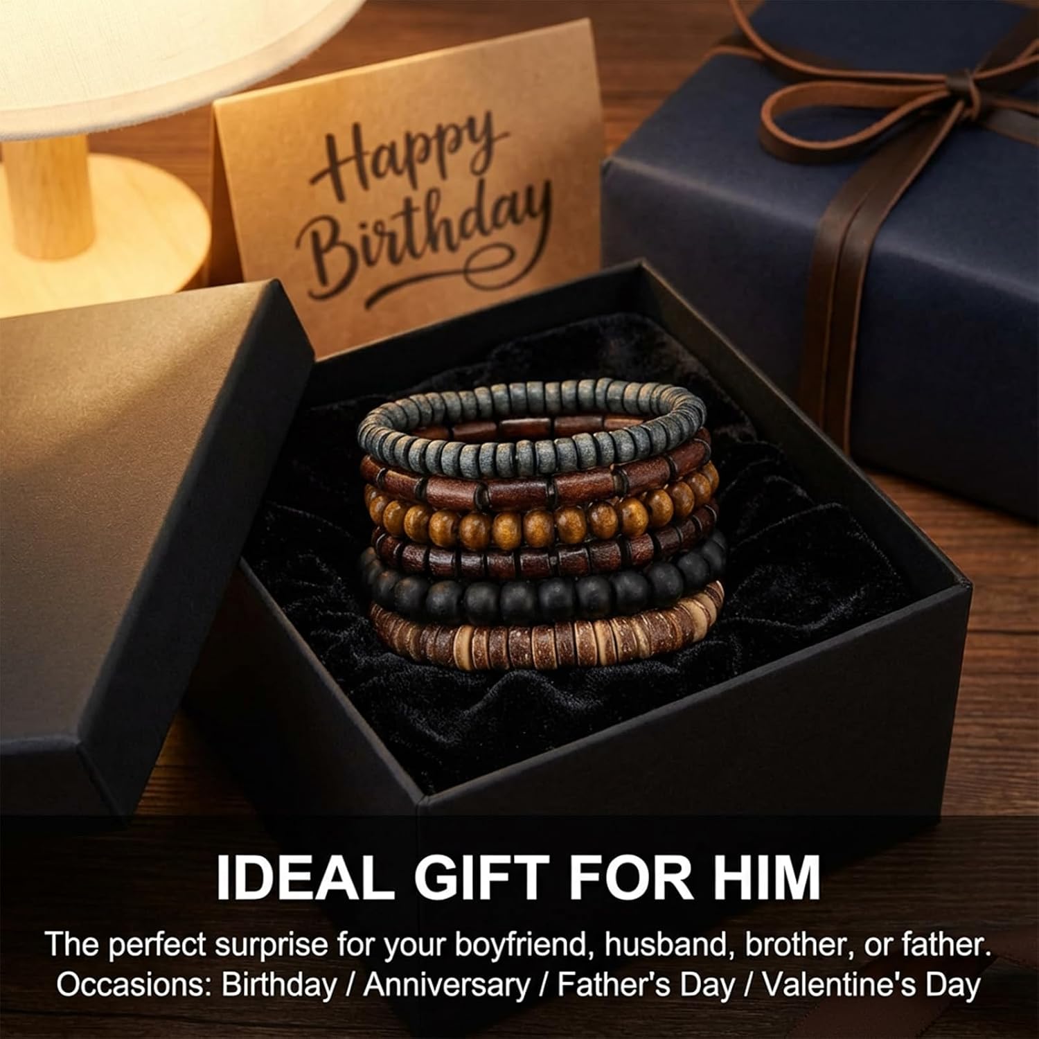 TIESOME 6 Pcs Men Beaded Bracelet, Multilayer Wood Bead & Braided Leather Bracelets, Adjustable Elastic Cord, Vintage Grunge Stackable Cuff Wrap For Casual Wear, Couples Gift