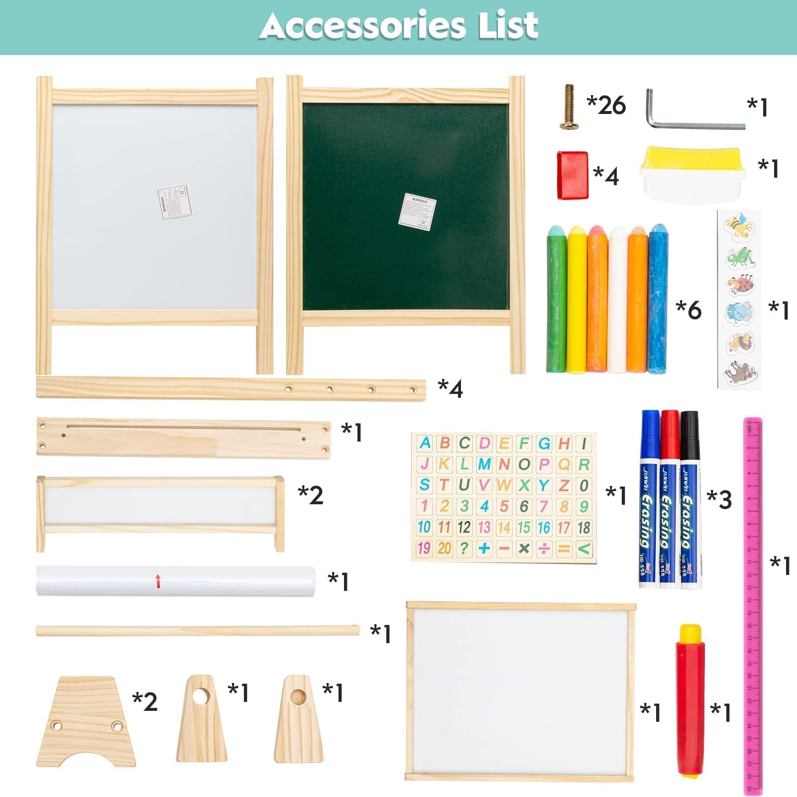 Lavagna in Legno per Bambini, Altezza Regolabile Cavalletto per Bambini con Rotolo di Carta, Lavagna Bianca su Due Lati, con Numeri e Altri Accessori per 3 + Anni Regalo