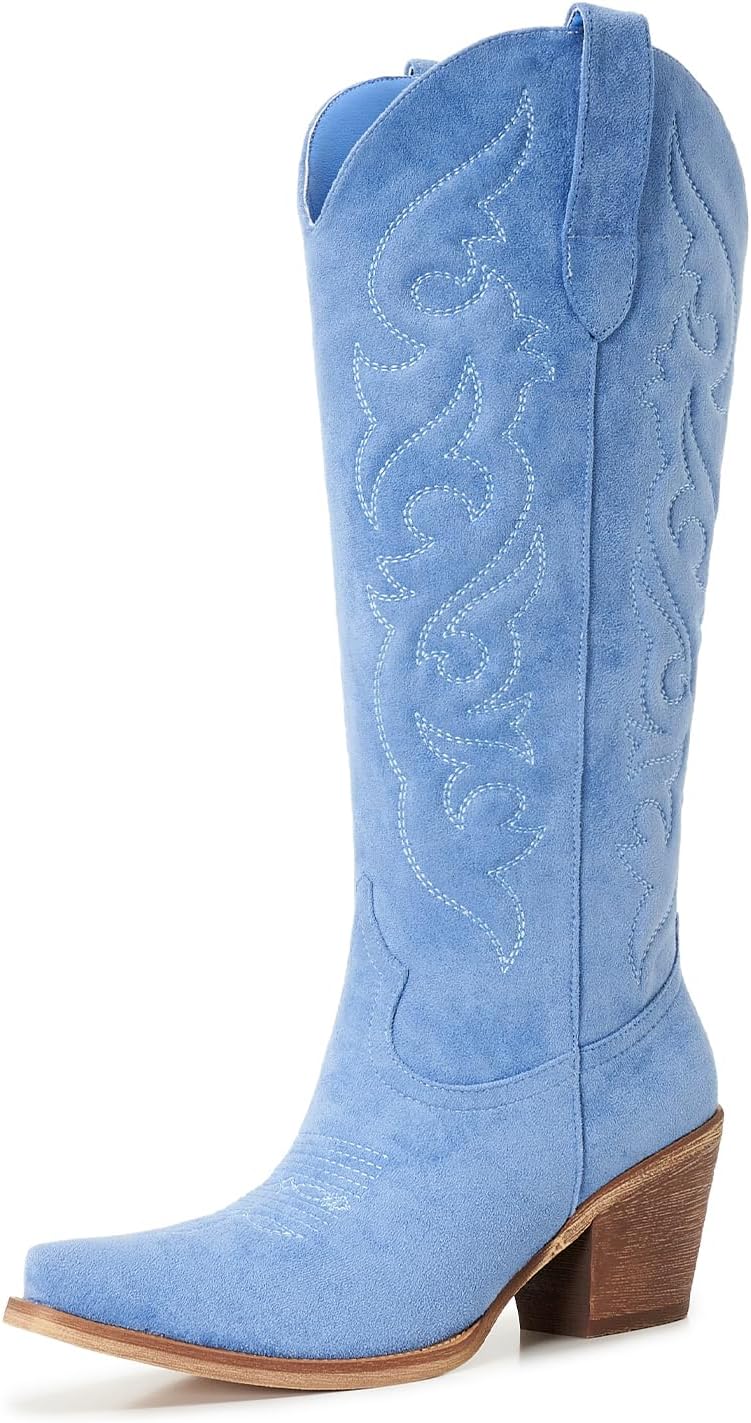 Suede Cowboy Boots for Women - Western Knee-High Cowgirl Boots with Classic Embroidery, Snip Toe, Chunky Heel, Pull-On Style, Retro Vintage Tall Boots with Side Zipper