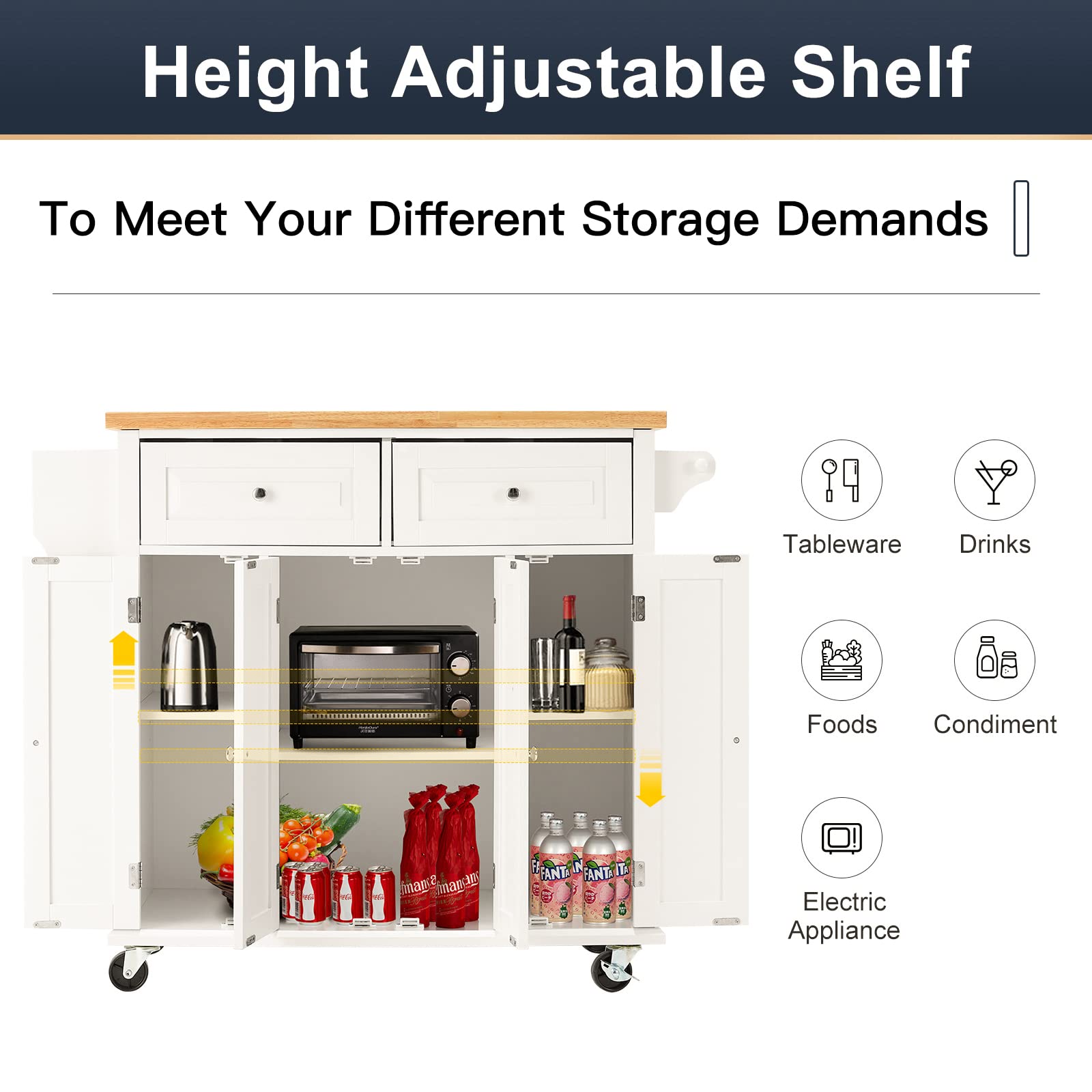 HOMHUM Rolling Kitchen Island Cart with Storage, Kitchen Cart with Drop