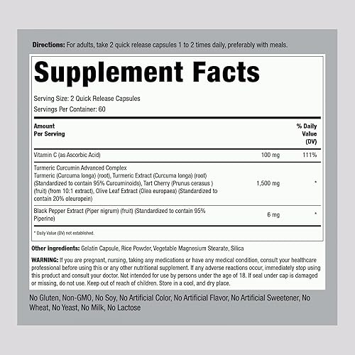 Miniatura 2 de Piping Rock Curcumina de cúrcuma con pimienta negra 1500 mg  120 cápsulas  Suplemento complejo avanzado  Sin OMG sin gluten