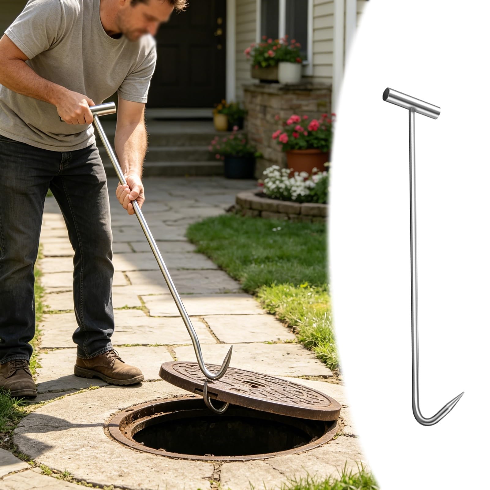 Chiusino Tombino Gancio 60 Pezzi di Ganci Pratici da 60 cm per Tombini, Estrattori Versatili a Forma di J con Manico Coperchi di Fognatura, Chiavi Sollevamento Tombini