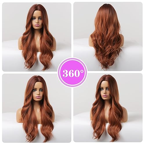 Miniatura 7 de Qihang Pelucas largas de color rosa para mujer, peluca rosa degradado, pelucas onduladas de negro a rosa, peluca sintética rosa natural, pelucas