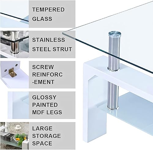 Miniatura 3 de Mesa de centro rectangular de vidrio templado, mesa de té de 2 niveles, mesa auxiliar moderna con estante inferior y patas de madera, mesa de centro