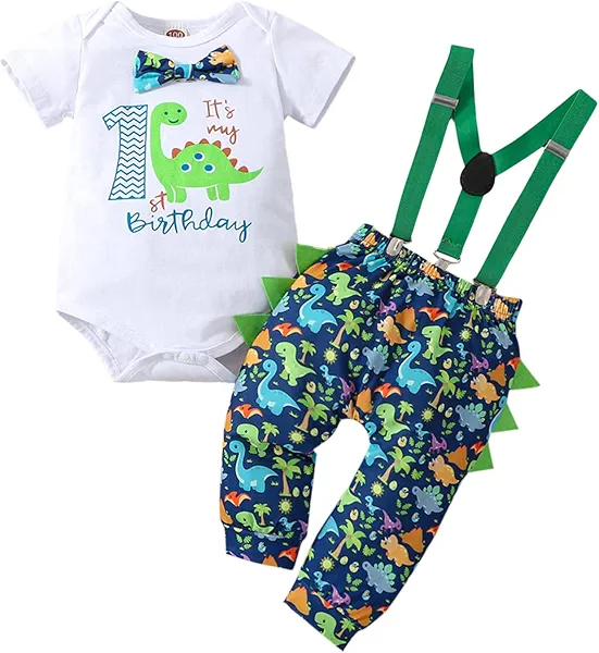 Baby Boy Funny First Birthday Clothes Infant Clothes Cake Smash Outfits Bow Tie Dinosaur Themed Romper Pants Set Suspenders